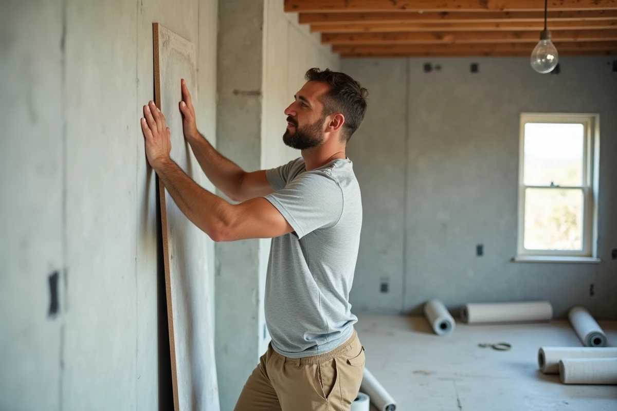Ouvrier posant un panneau de placo isolant sur un mur de chantier en rénovation intérieure