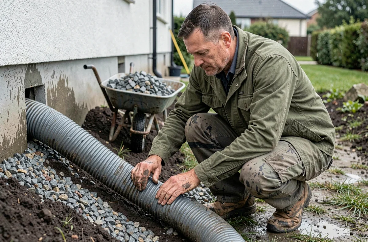 Paysagiste installant un tuyau de drainage flexible le long des fondations humides d'une maison après une pluie