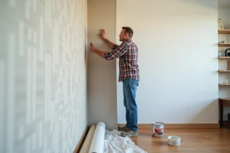 Hommes appliquant du papier peint dans un salon en rénovation