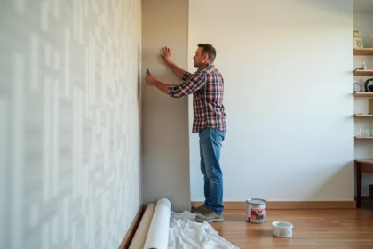 Hommes appliquant du papier peint dans un salon en rénovation