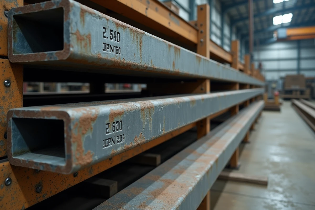 Poutres IPN en acier de différentes sections stockées dans un atelier de fabrication métallique avec marquages dimensionnels visibles