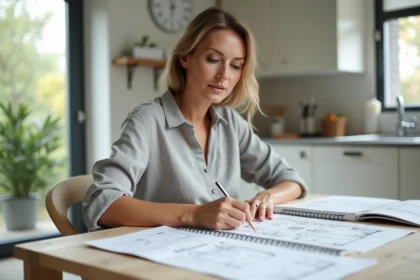 Femme préparant son rendez-vous véranda en consultant des brochures et plans sur une table en bois