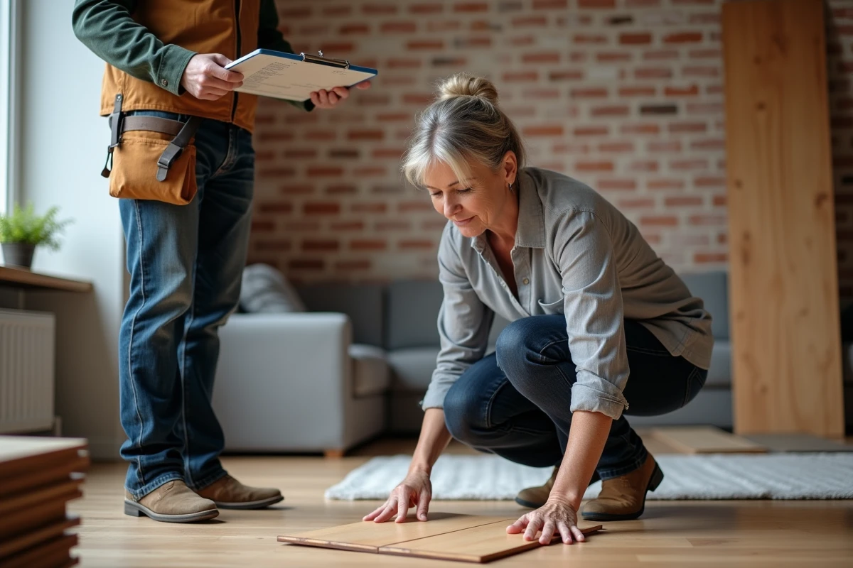 Propriétaire et artisan discutant d'un devis de sablage au m2 avec des échantillons de parquet dans un salon en rénovation
