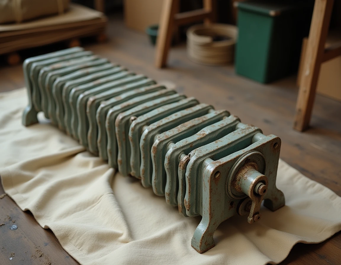 Gros plan d'un radiateur en fonte ancien posé sur une couverture de déménagement entouré de matériaux de protection pour le transport