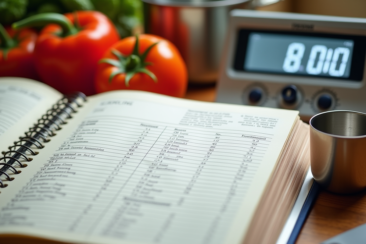 Livre de recettes ouvert avec tableau de conversion et ustensiles