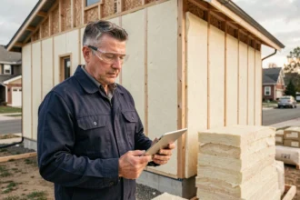 Artisan consultant en rénovation énergétique examinant des plans sur tablette devant une maison en cours d'isolation extérieure
