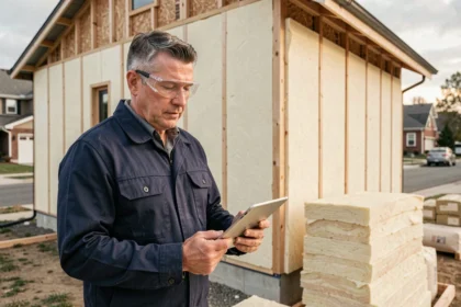 Artisan consultant en rénovation énergétique examinant des plans sur tablette devant une maison en cours d'isolation extérieure
