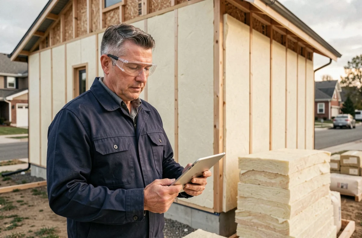 Artisan consultant en rénovation énergétique examinant des plans sur tablette devant une maison en cours d'isolation extérieure