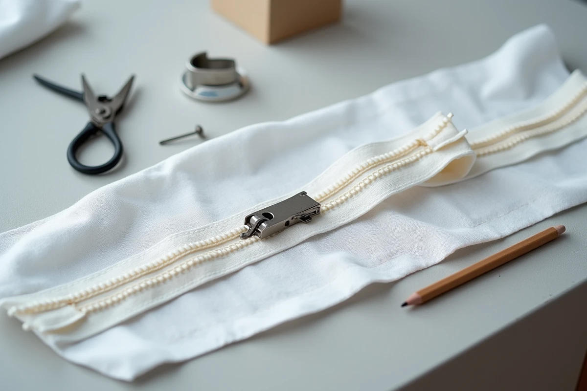 Vue rapprochée d'une fermeture éclair démontée avec curseur, dents et outils de réparation sur un tissu blanc