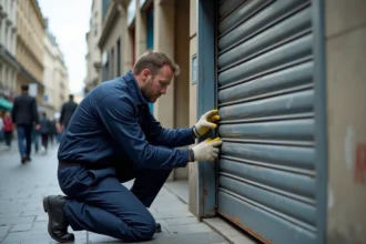 Technicien en train de réparer un rideau métallique bloqué sur la devanture d'un commerce parisien