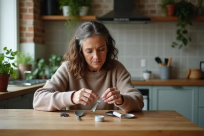 Femme réparant un ustensile en plastique dans la cuisine