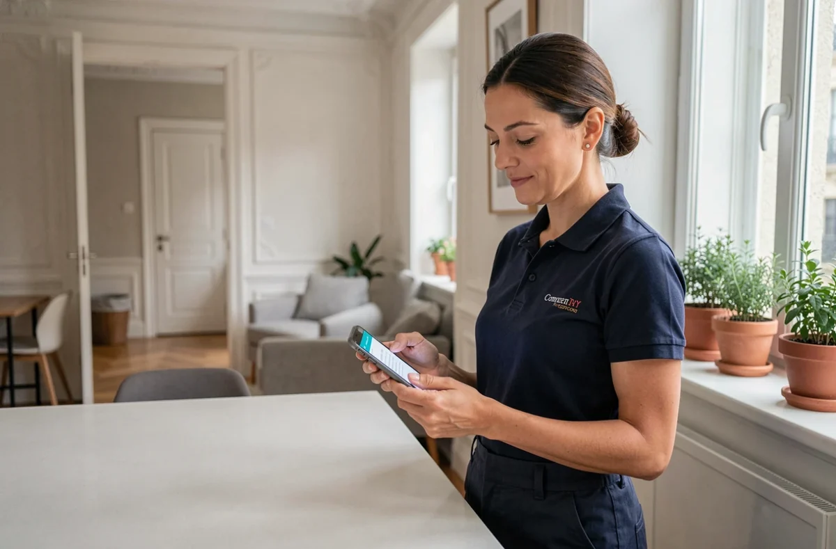 Professionnelle de ménage consultant son planning de réservation sur smartphone dans un appartement de Versailles
