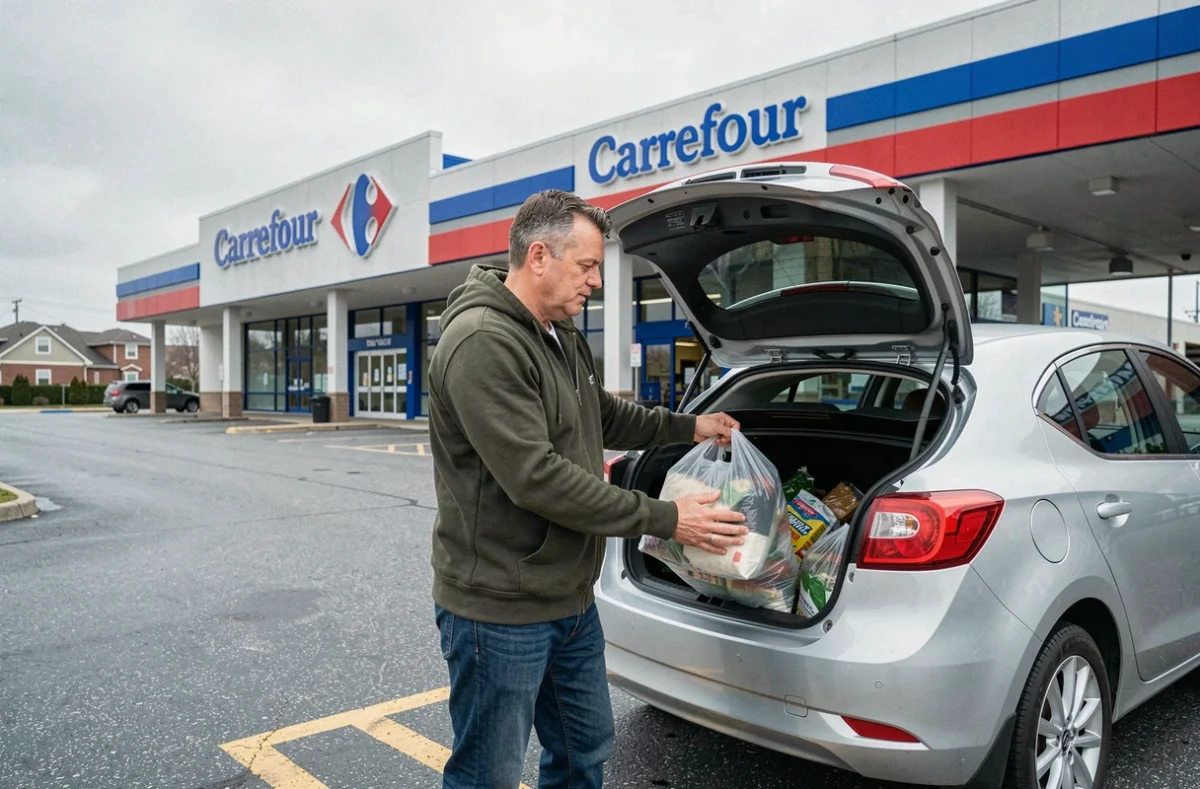 Homme récupérant ses courses au drive Carrefour avec sa voiture