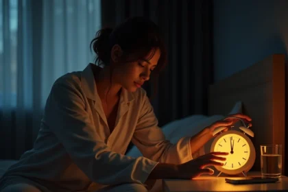 Femme en horaires décalés se réveillant grâce à un réveil simulateur d'aube posé sur une table de nuit dans une chambre sombre