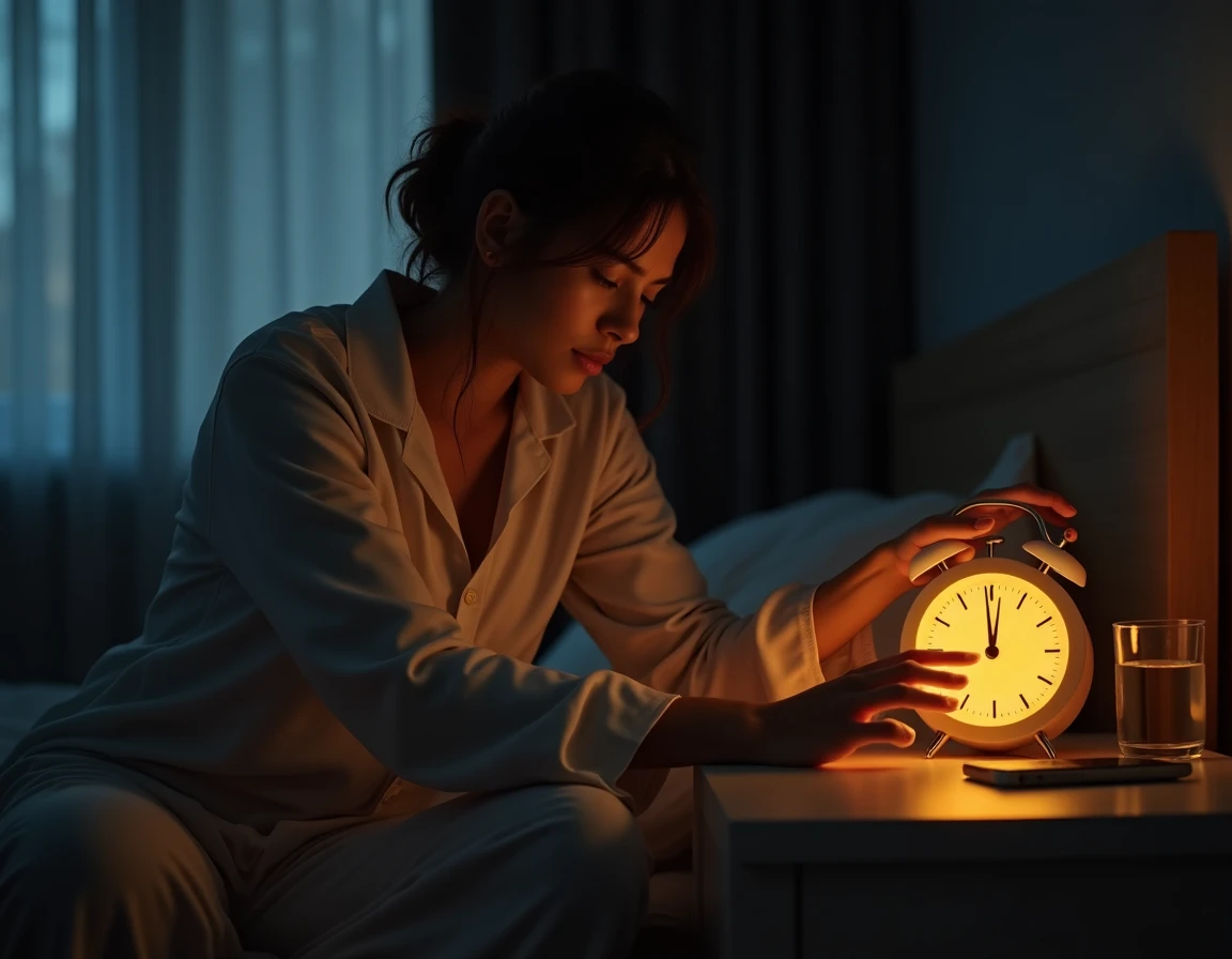 Femme en horaires décalés se réveillant grâce à un réveil simulateur d'aube posé sur une table de nuit dans une chambre sombre