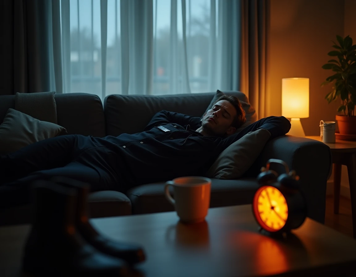 Agent de sécurité en travail de nuit dormant le jour dans son salon avec un réveil luminothérapie allumé sur la table basse