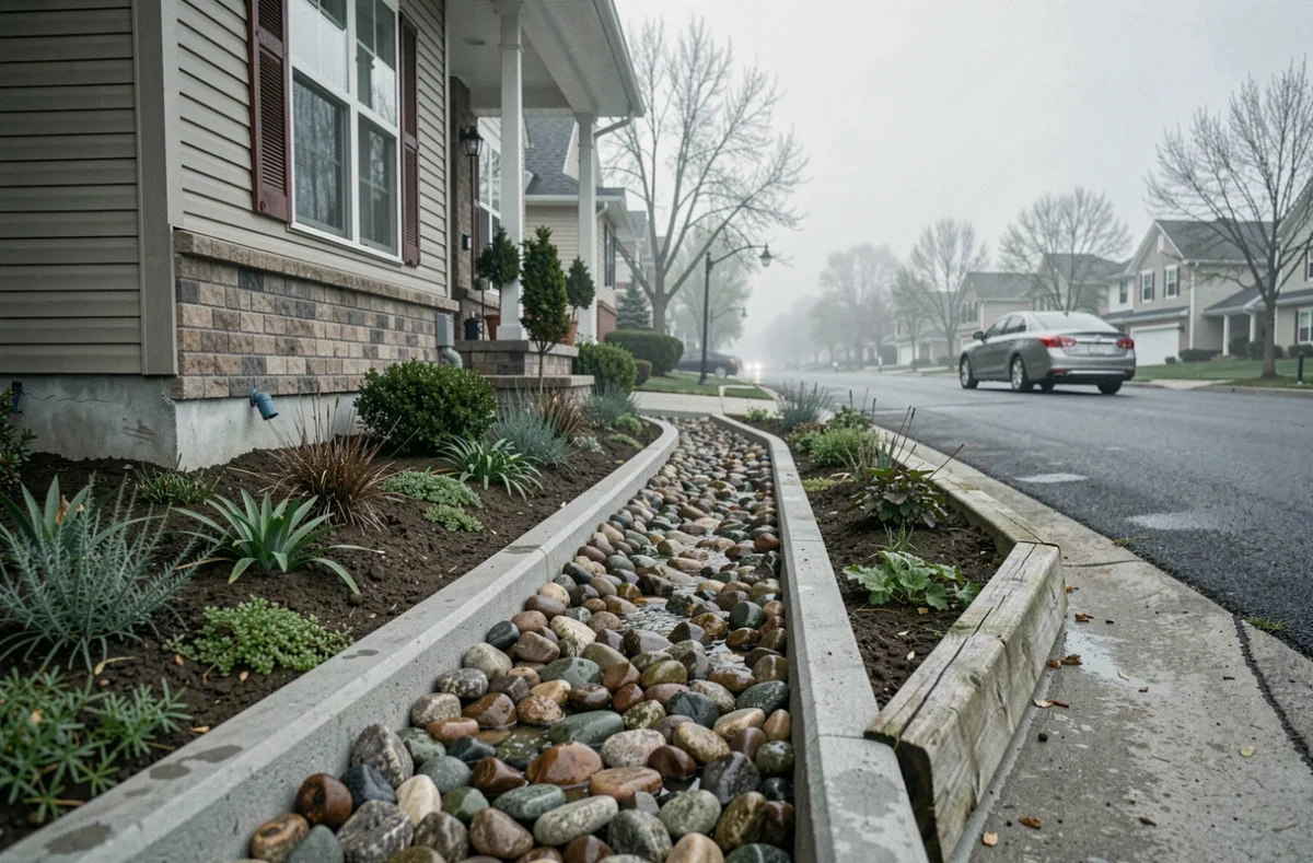 Rigole de drainage en pierres décoratives canalisant l'eau de pluie depuis les fondations d'une maison vers le caniveau de rue