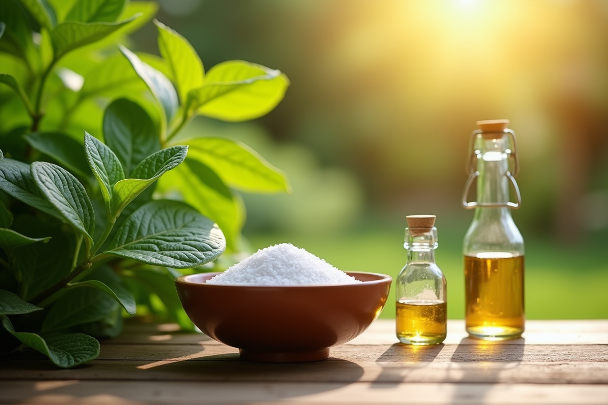Bol avec sel et vinaigre sur table en jardin ensoleille