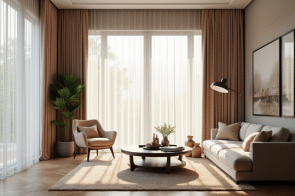 Salon élégant avec grandes fenêtres et rideaux sur mesure