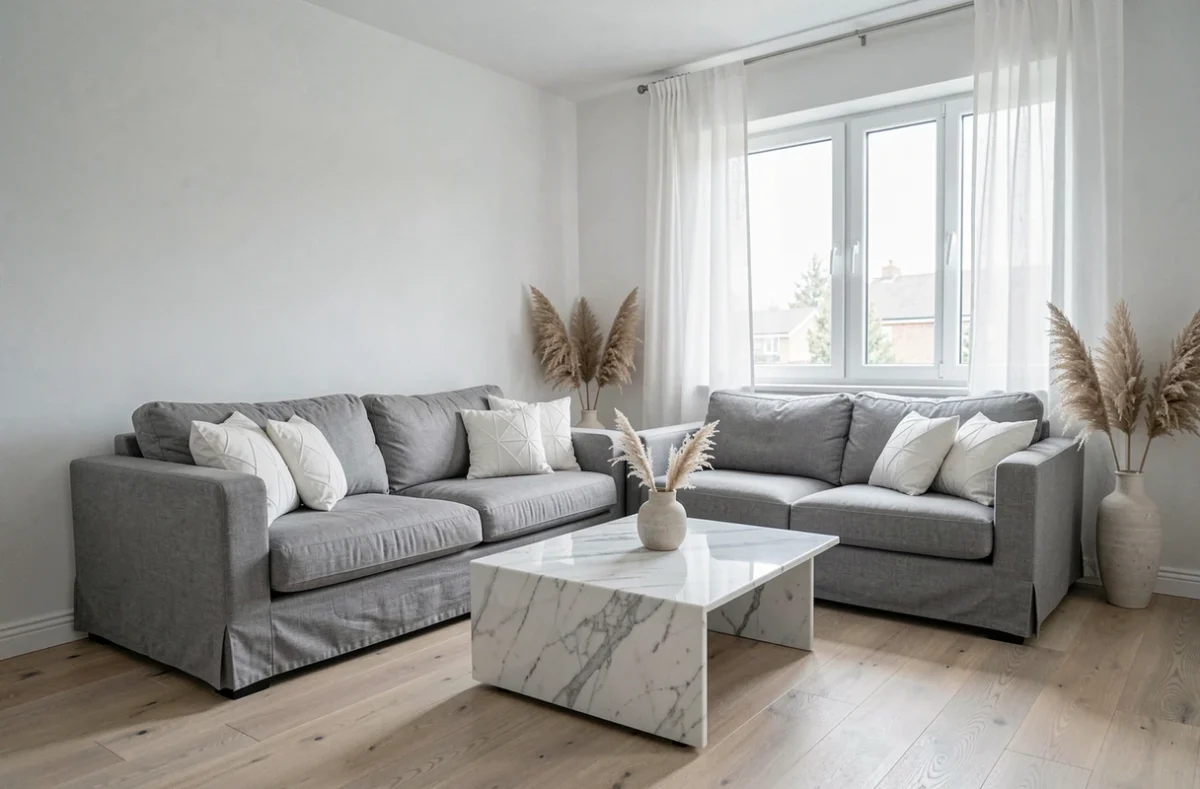 Salon moderne décoré en gris et blanc avec canapé en lin, table basse en marbre et rideaux voilages laissant entrer la lumière naturelle