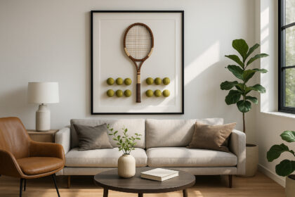 Salon moderne avec tableau tennis et balles vintage