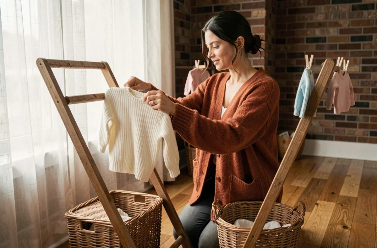 Femme pliant un pull bébé en laine bebecolor sur un séchoir en bois, conseils séchage et conservation vêtements bébé