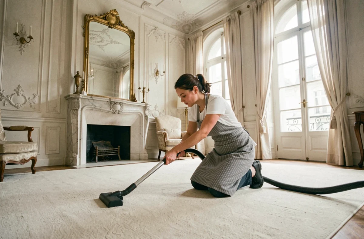 Femme de ménage à domicile passant l'aspirateur dans un salon classique de style haussmannien à Versailles