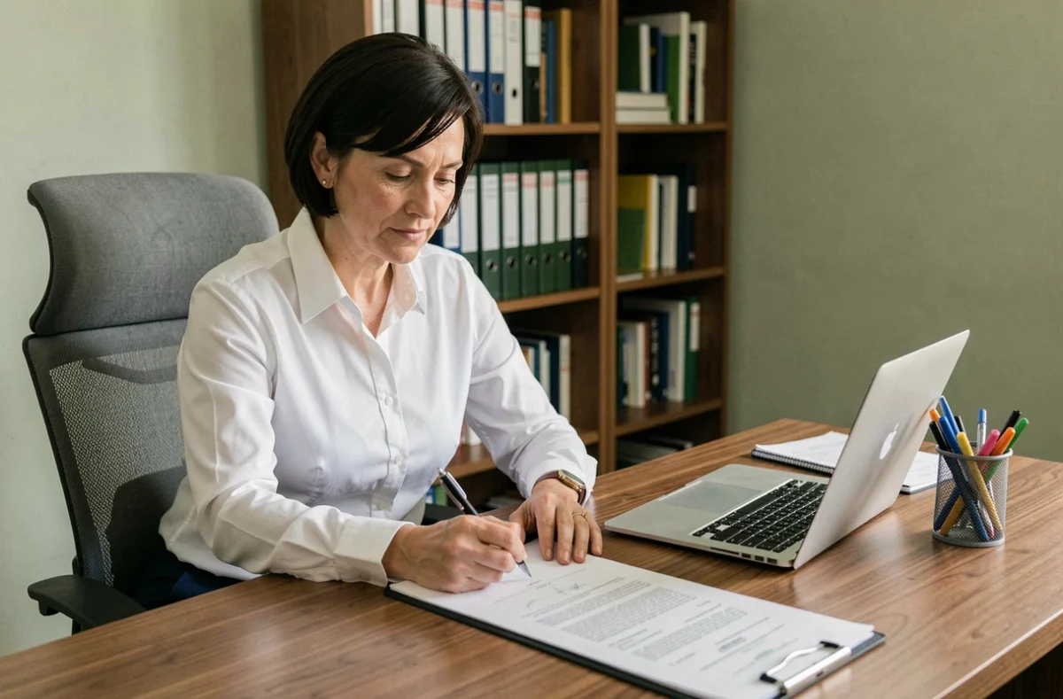 Employée de maison signant son contrat à durée déterminée dans un bureau à domicile