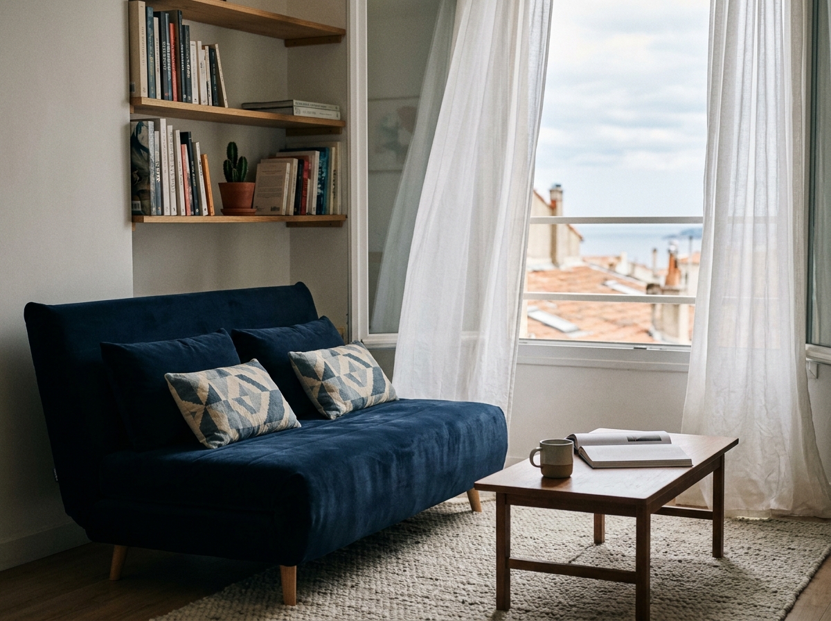 Petit studio marseillais avec canapé convertible bleu marine et vue sur les toits de Marseille