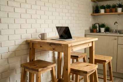 Table bar en bois avec tabourets dans un studio, combinant espace repas et bureau compact contre un mur en brique blanche