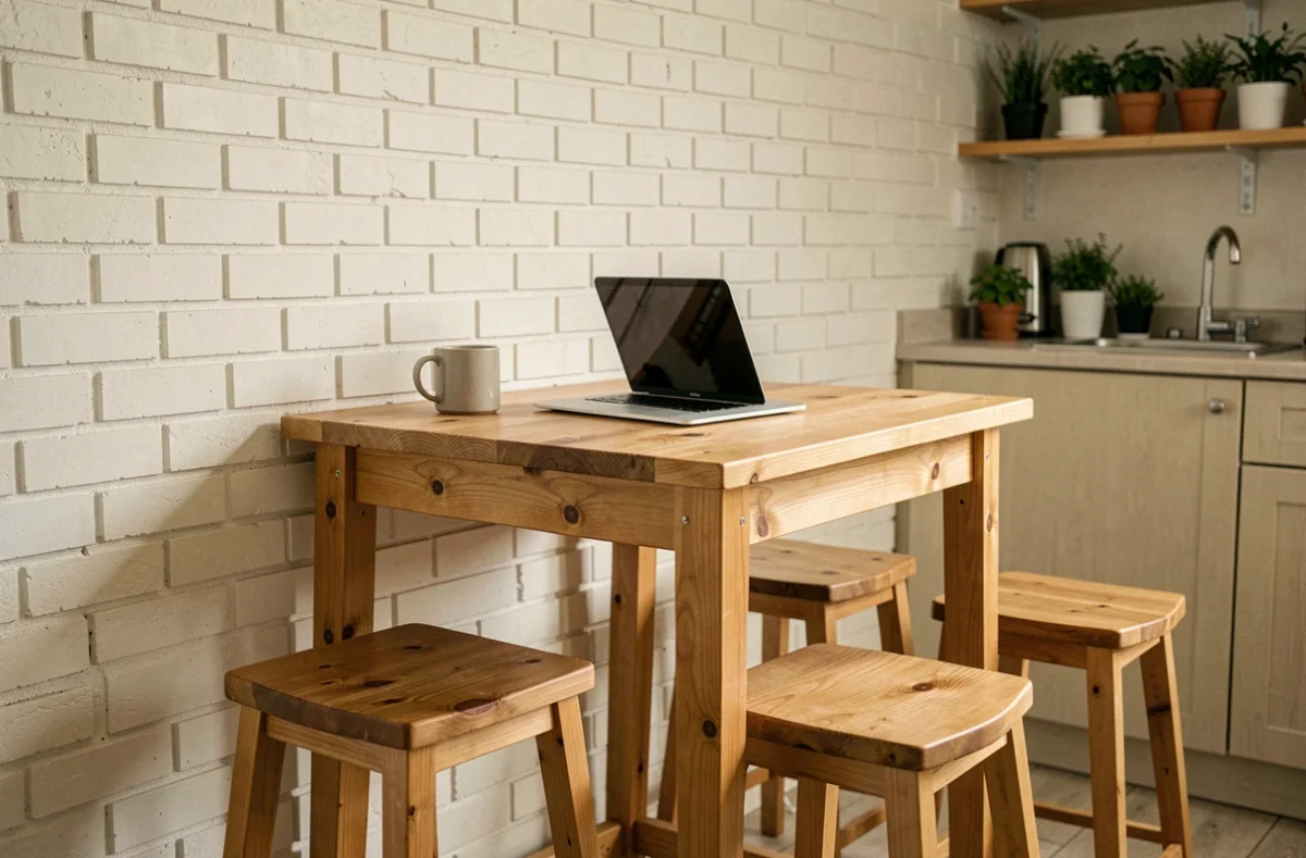 Table bar en bois avec tabourets dans un studio, combinant espace repas et bureau compact contre un mur en brique blanche