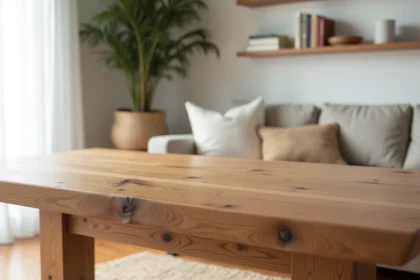 Table en bois massif chêne dans un salon scandinave moderne avec canapé en lin et tapis en laine
