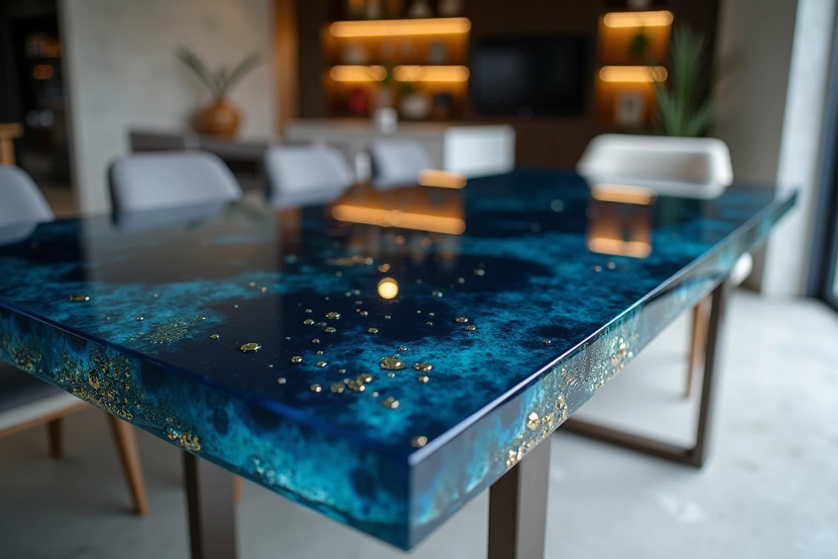 Table en résine époxy bleue et dorée dans un salon contemporain au style industriel avec murs en béton