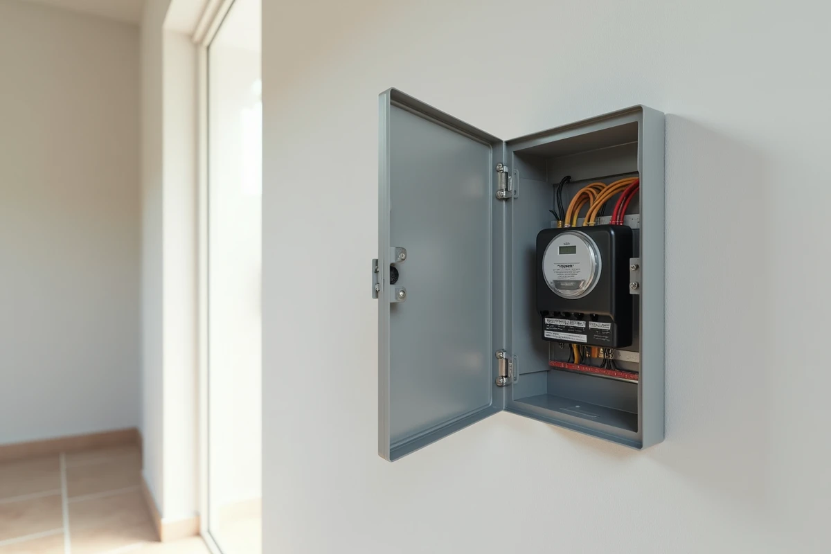 Gros plan sur un tableau GTL complet avec compteur Linky, disjoncteurs et câblage organisé dans une goulotte murale