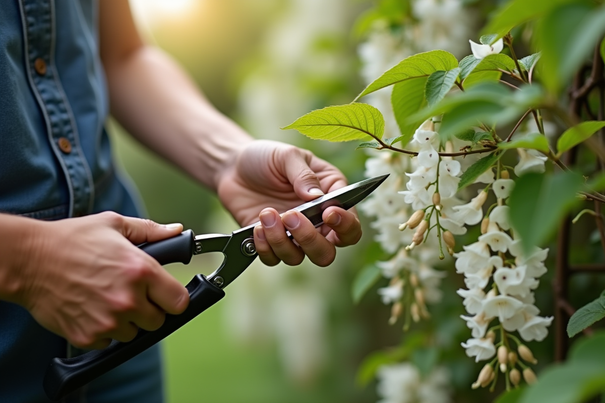 Mains d’un jardinier taillant une branche de glycine saine