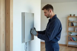 Technicien inspectant un accumulateur électrique dans un appartement moderne