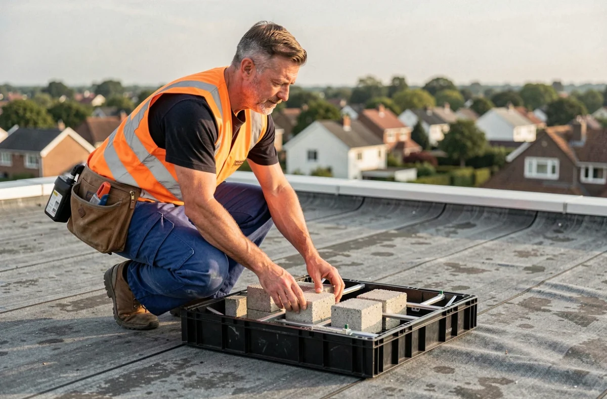 Technicien installant des blocs lestants dans un bac à lester pour panneau solaire sur toit plat résidentiel