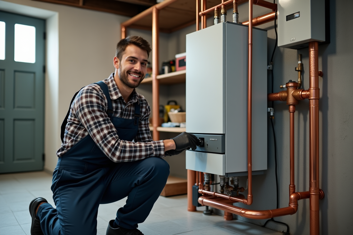 Technicien professionnel ajustant une chaudière dans un sous-sol propre