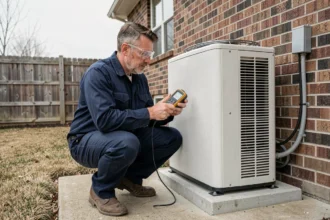 Technicien HVAC mesurant le COP d'une pompe à chaleur air/eau installée en extérieur