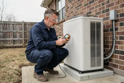 Technicien HVAC mesurant le COP d'une pompe à chaleur air/eau installée en extérieur
