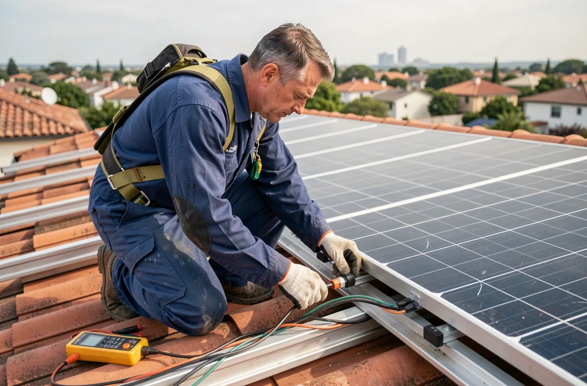 Technicien installant un kit solaire autoconsommation 5000W sur un toit de maison individuelle
