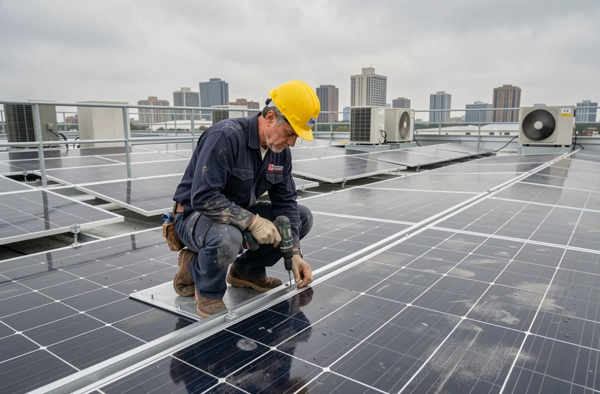 Un technicien installe des panneaux solaires sur le toit plat d'un bâtiment commercial en ville