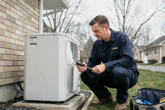 Technicien HVAC inspectant une pompe à chaleur installée sur une maison résidentielle à Laval au printemps