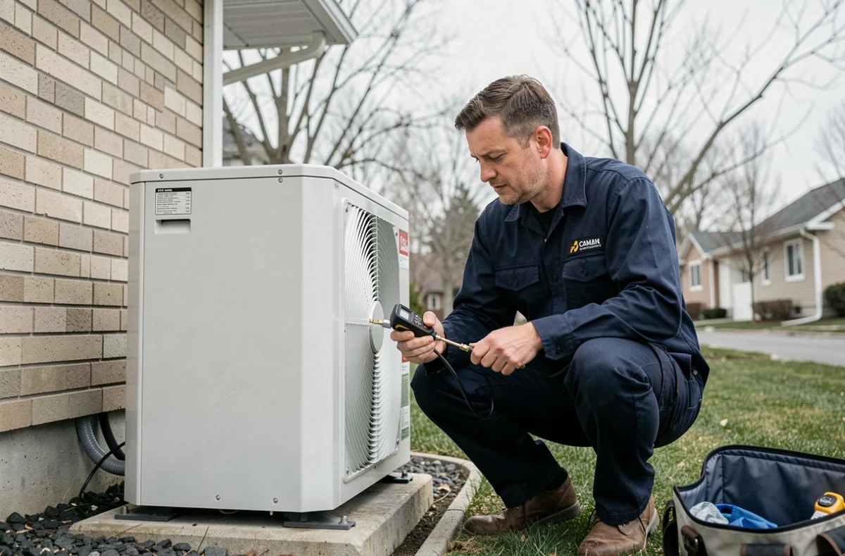 Technicien HVAC inspectant une pompe à chaleur installée sur une maison résidentielle à Laval au printemps