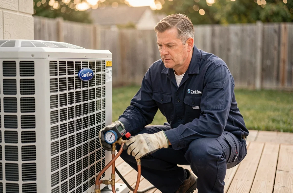 Technicien HVAC installant une pompe à chaleur Daikin lors d'une pose professionnelle à domicile