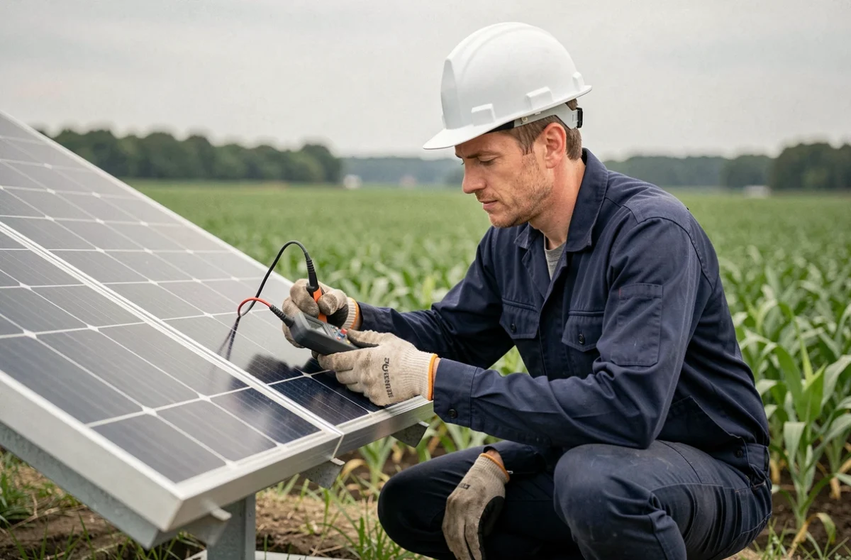 Technicien inspectant un panneau solaire bifacial monté sur structure au sol dans un champ