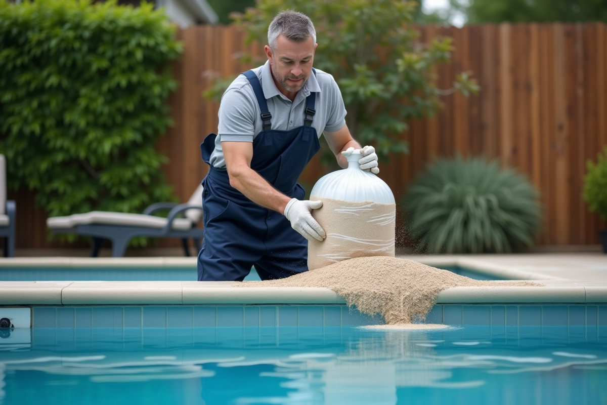 Technicien en overalls verse du sable dans un filtre de piscine