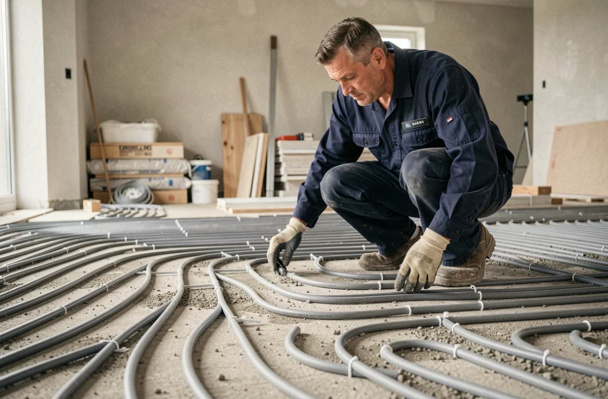 Technicien inspectant des tuyaux de plancher chauffant en PEX sur une dalle en béton dans une maison en construction