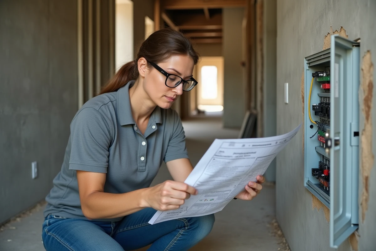 Technicienne électricité consultant un schéma de câblage devant une GTL ouverte dans une maison en construction