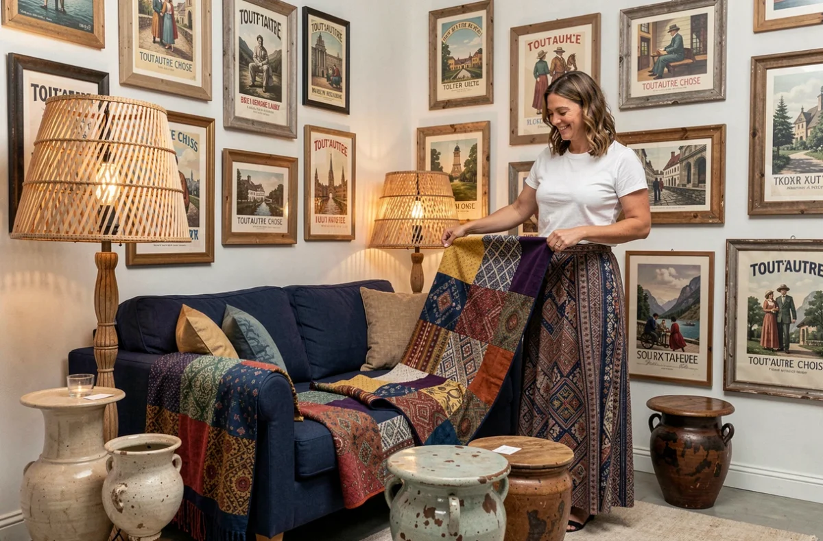 Vignette de décoration éclectique du studio Tout'Autre Chose avec canapé en lin indigo, plaid multicolore, lampe en rotin et posters vintage encadrés
